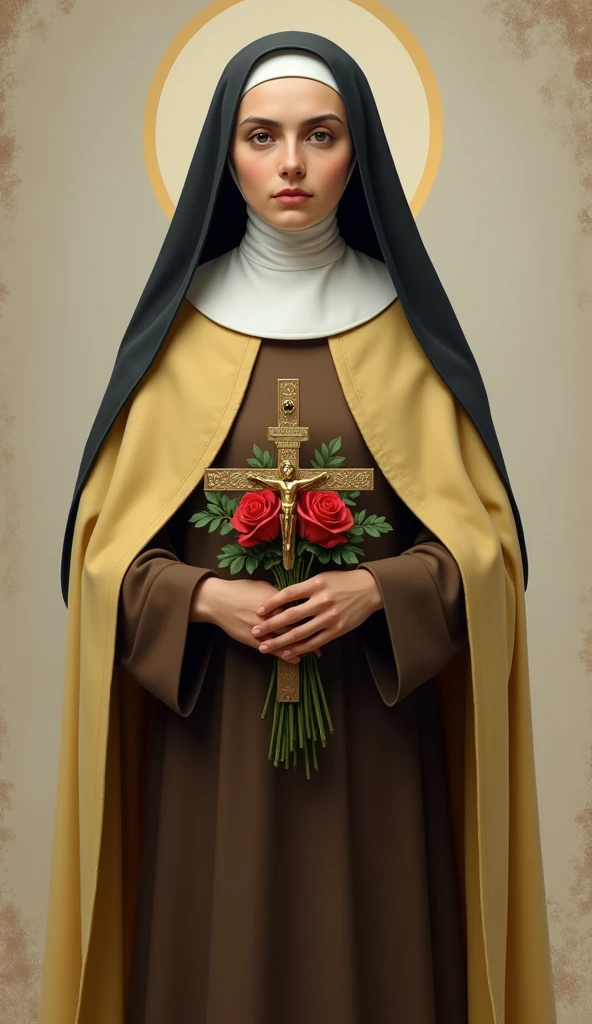 Generates an image of Saint Therese, dressed in a brown habit, black veil,  a light yellow cloak, a religious nun, holding a bouquet of roses and a crucifix.