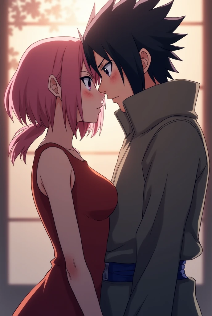 Sakura Haruno sucks the penis of Sasuke Uchiga . While Uchiha holds her head anime