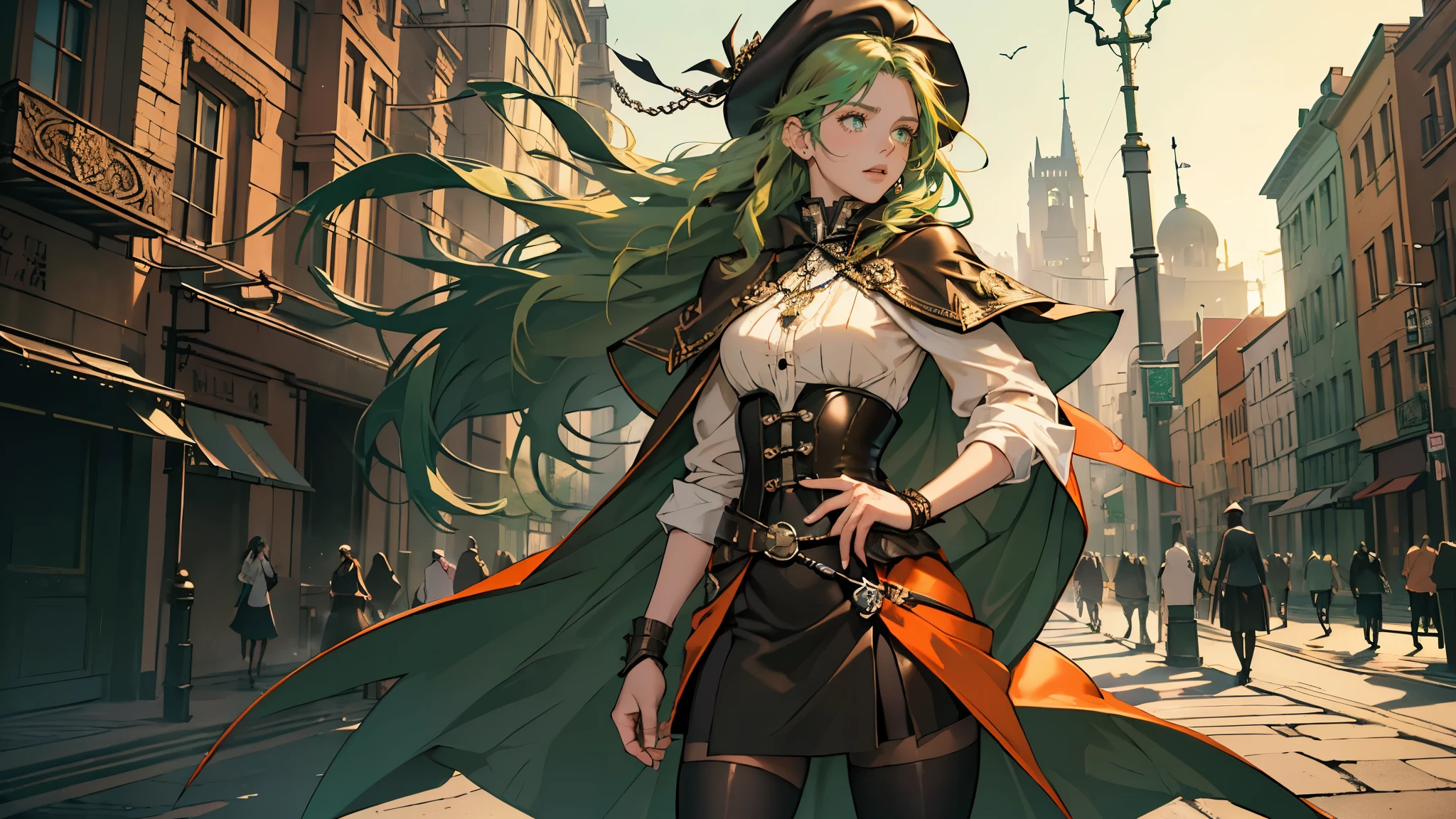 masterpiece, Super detailed, 8K portrait, RAW photo, portrait photography, highly detailed face, beautiful and detailed eyes, ((fantasy)), young and beautiful, 22 years ago, dynamic pose, (((long straight deep green hair))), ((One side is woven with orange ribbon)), dull bangs, beret, white skin color, luxury, hooded (((Dark brown))) (((Silk Long Cloak))) fluttering in the wind, (((dress shirt))), (((silk maxi skirt))), leather corset, (((dark thigh high tights))), High Cut Leather Boots, (((Lift a long magic wand))), ((wear a pocket watch)), midday sun, surreal, body model, small breasts, beautiful breasts, long legs, city, environmental lighting, shadow details , focus the camera on the face, strong wind, light fog