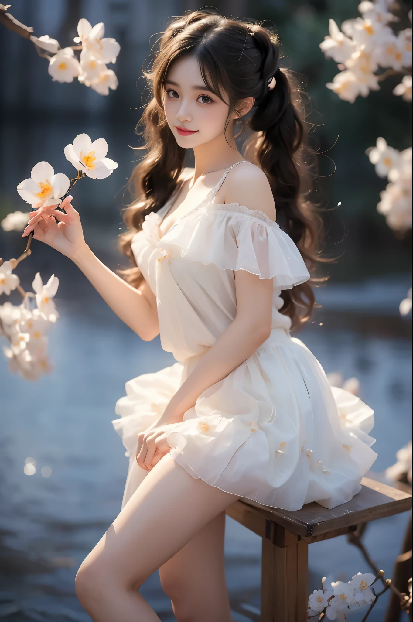 1girl,brown hair,twintails,holding straight staff,（quality improvement：1.4），1girl, Visible cleavage，Sexy long legs，The skirt is short，She gently lifted her skirt with one hand,Surrounded by white Phalaenopsis orchids，Lilac dendrobium、White Lily, Flying petals，（Top quality leather), Delicate face,Black Hair, Gradient hair, Body,（Body1.1）, He has a precious gem on his forehead., Shining Student，Long eyelashes,Smile, Surrealism, Movie Lighting, Projection Insertion, Surrealism, Ultra HD, masterpiece，lie，Keep dreaming，Open your legs slightly.，Tattoo，Fantasy Space，Luxurious space，Exquisite makeup，Blush，Shy expression