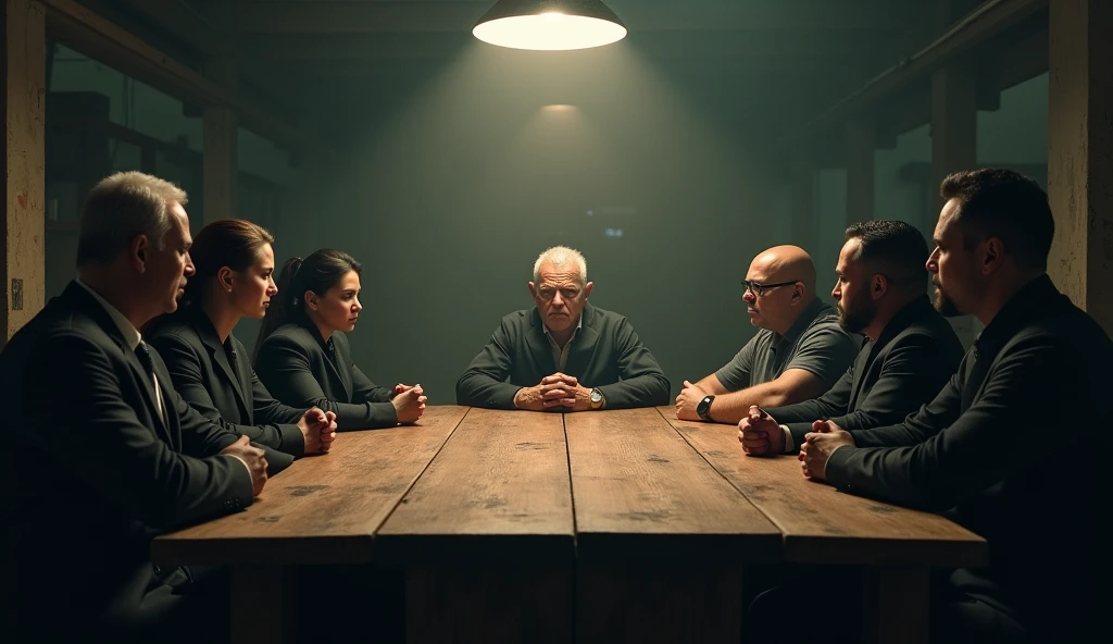 *A dimly lit warehouse setting again, but this time with a large wooden table in the middle. On one side sits Mia, looking calm and composed, with her crew standing behind her. On the other side is Marco, a grizzled older man with a scarred face, looking angry and frustrated, flanked by his heavily armed men. The atmosphere is thick with tension, with shadows dancing on the walls and a single overhead light casting a dramatic glow on the table.*