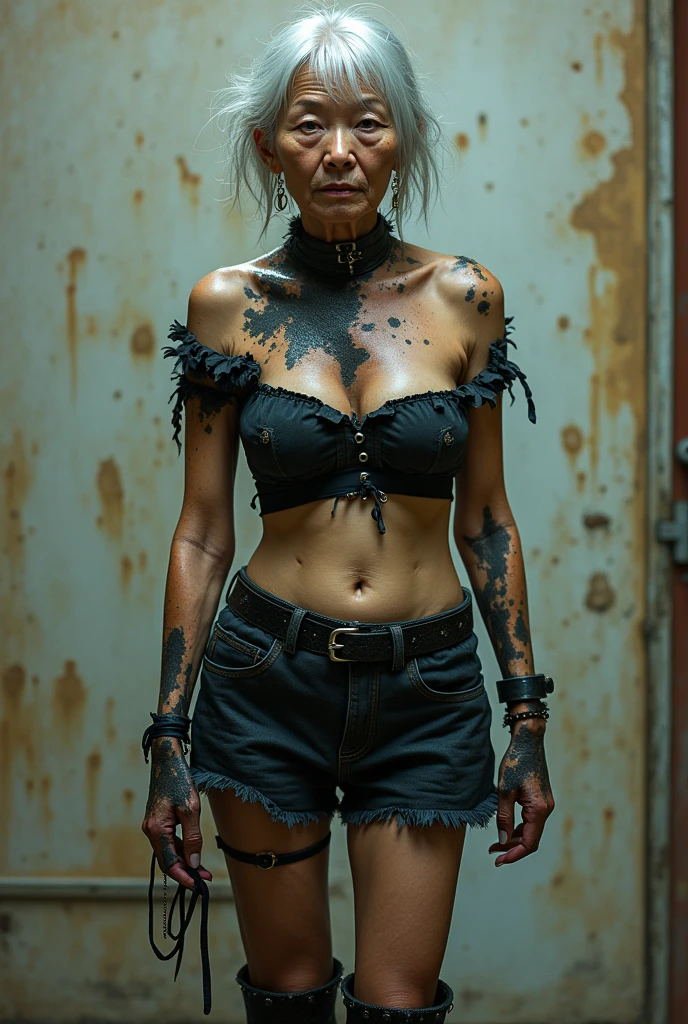Japan 100 years old old woman aging elderly person aged face gal to off-shoulder、Micro Mini Skirt、Grandma gal wearing thigh-high boots to grandma breast with breast implants,
Tattered off-shoulder top, tattered micro mini skirt, tattered thigh-high boots さらに黒カビがすごい