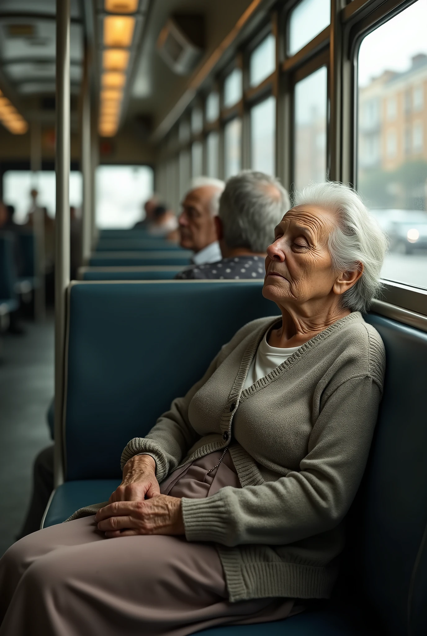 An old lady sleeping on the bus