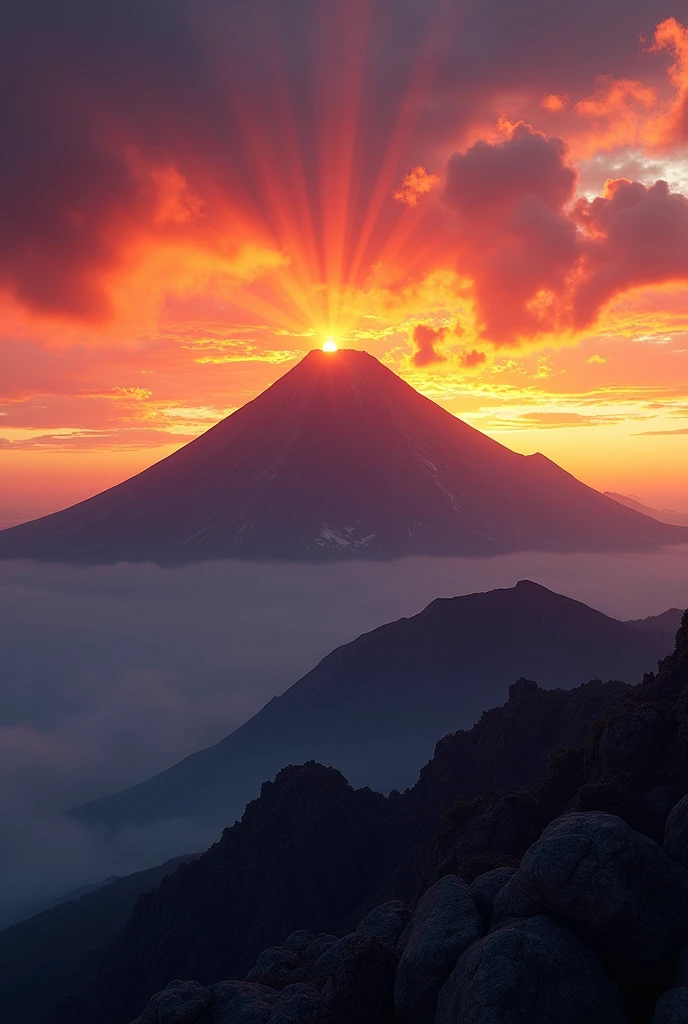 Generates an image as realistic as possible of the Alzatate volcano in Guatemala that has a sunset in the background