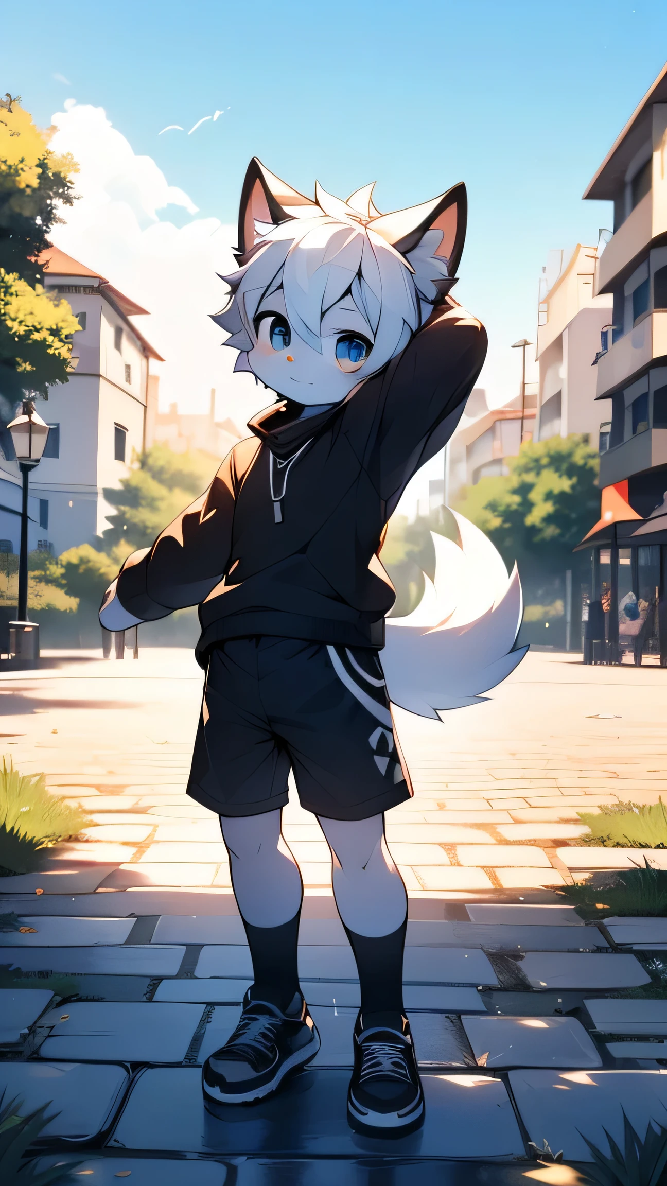 (best quality, Extremely detailed),boy,Furry wolf,((big eyes,Blue,Watery)),((shota)), Black and white hair, Good figure, Handsome,cute, Light:Ultimate Light, Anti-Light Skin,Reddish skin,The ultimate face,She shyly greets the audience while leaning sideways,((Worn black clothes,Commoner),Black sports shorts with white trim),Black and red sneakers ,((Deep in the city park,Cobblestone Road,pool,alone)),Outdoor sunset,((detail)),(Depth of Field),stand up,full-body shot