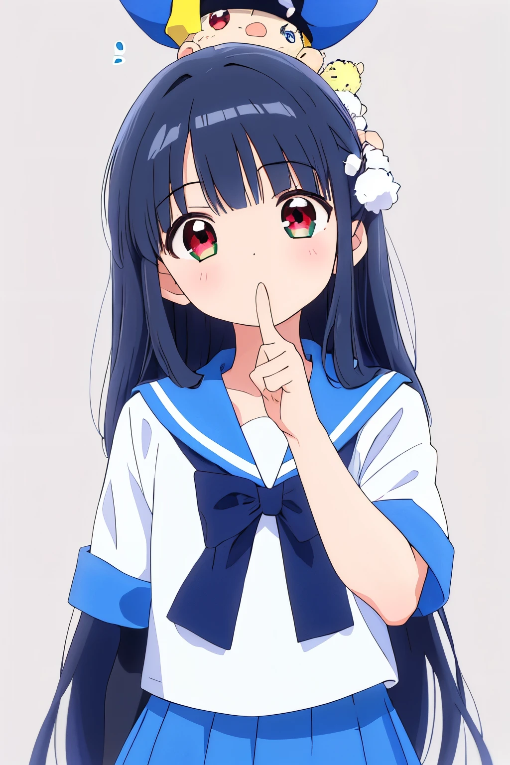 masterpiece,best quality,High brightness,アニメ,Full HD,
(1girl:1.2),(solo:1.2),angle from below,
green simple background,
point finger to viewer,
Navy blue sailor suit,White Thailand,
black hair,long hair,
Upper Body,
(puff out cheeks:1.2),
red eyes,(almond-shaped eyes:1.2),
(6 heads:1.1)