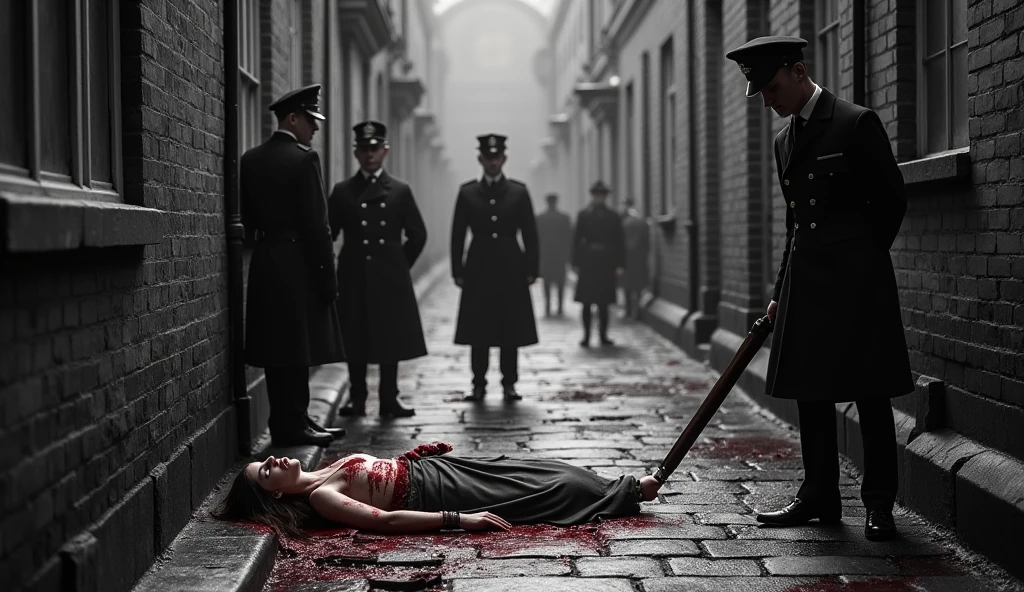 An old black-and-white crime scene photo from the 1880s showing a female body discovered in a London alley. The floor and walls are smeared with blood. One British police officer is blocking civilians from entering, while two other British officers are examining the body.