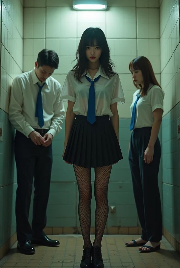 (A shabby and worn-out public restroom).Korean woman.korean beauty.Korean model.South Korean girl groups. She is wearing a transparent school uniform shirt, a blue tie, a black skirt, a transparent school uniform skirt, and black fishnet stockings that reach her thighs..
(Big hearted).(full body shot).(front shot).realistic.G-cup chest.
The pelvis is a supermodel. The shirt button is undone, revealing a black bra..(A middle-aged man stands next to a woman, unzipping his pants.).A woman looks at a man with a disgusted expression..