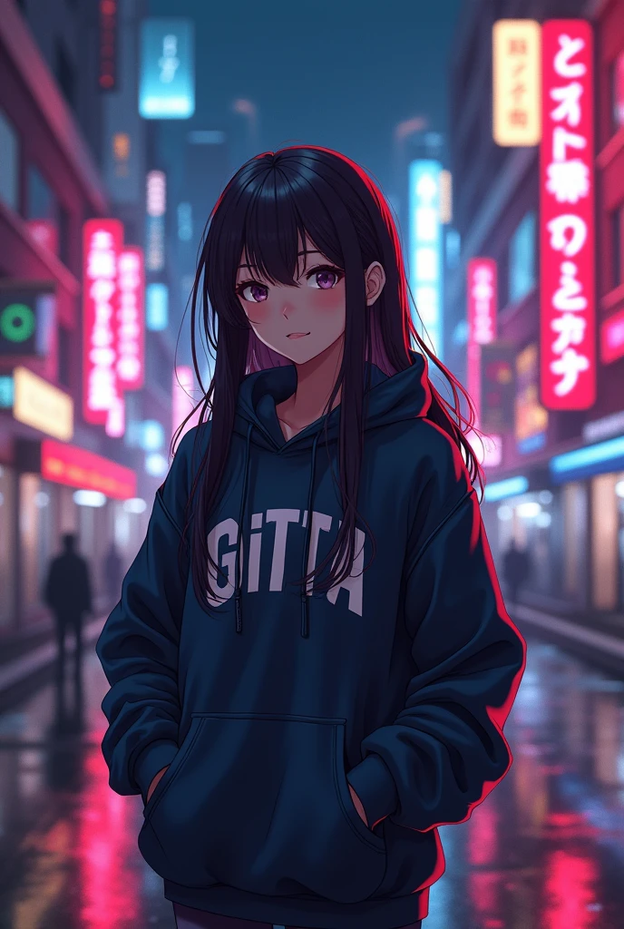 Create a character anime, {{background: capital text “GLBK”, night city}}, tanned skin,
realistic, HDR, handsome, japan style, full body, use tesseract, age 20, hoodie HD text: “GITTA”, female, long hair