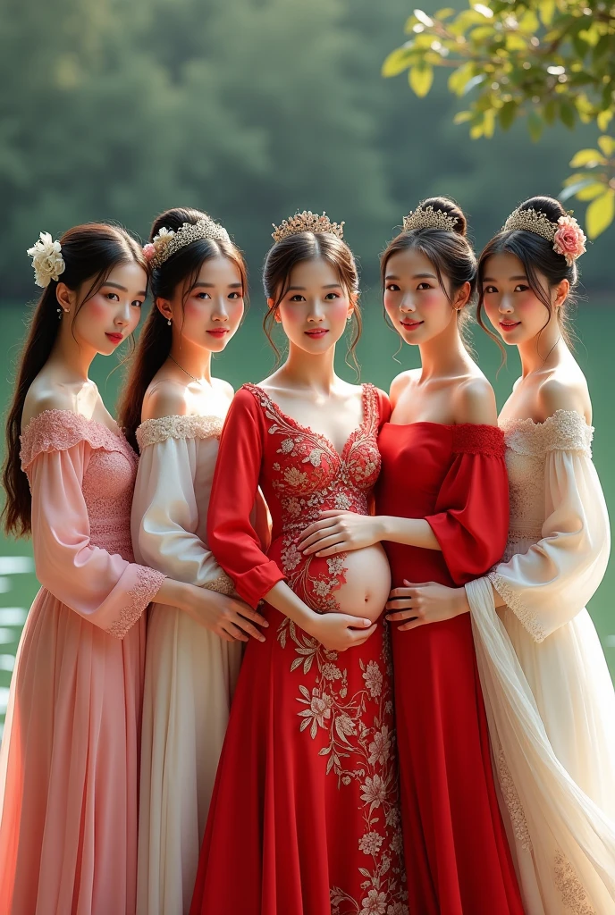 Five beautiful young women: the first young woman is of Thai nationality, 18 years old, wearing a Thai national wedding dress; the second young woman is of Lao nationality, 1, wearing a Lao national wedding dress; the third young woman is of Japanese nationality, 1, wearing a Japanese national wedding dress; the fourth young woman is of Korean nationality, 20 years old, wearing a Korean national wedding dress; the fifth young woman is of Taiwanese nationality, 2, wearing a Taiwanese national wedding dress, and is pregnant.
