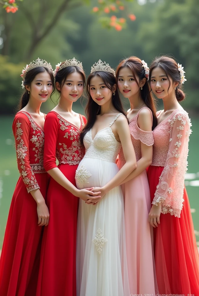 Five beautiful young women: the first young woman is of Thai nationality, 18 years old, wearing a Thai national wedding dress; the second young woman is of Lao nationality, 1, wearing a Lao national wedding dress; the third young woman is of Japanese nationality, 1, wearing a Japanese national wedding dress; the fourth young woman is of Korean nationality, 20 years old, wearing a Korean national wedding dress; the fifth young woman is of Taiwanese nationality, 2, wearing a Taiwanese national wedding dress, and is pregnant.