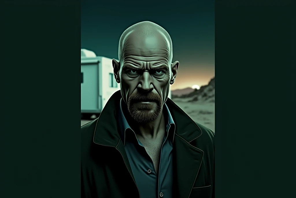 a man with bald head and goatee, walter white, in the desert, with camping  RV on in background cinematic lighting, dramatic shadows, arid landscape, rocky terrain, blue tinted colors, gritty realism, masterpiece, highly detailed, 8k, photorealistic