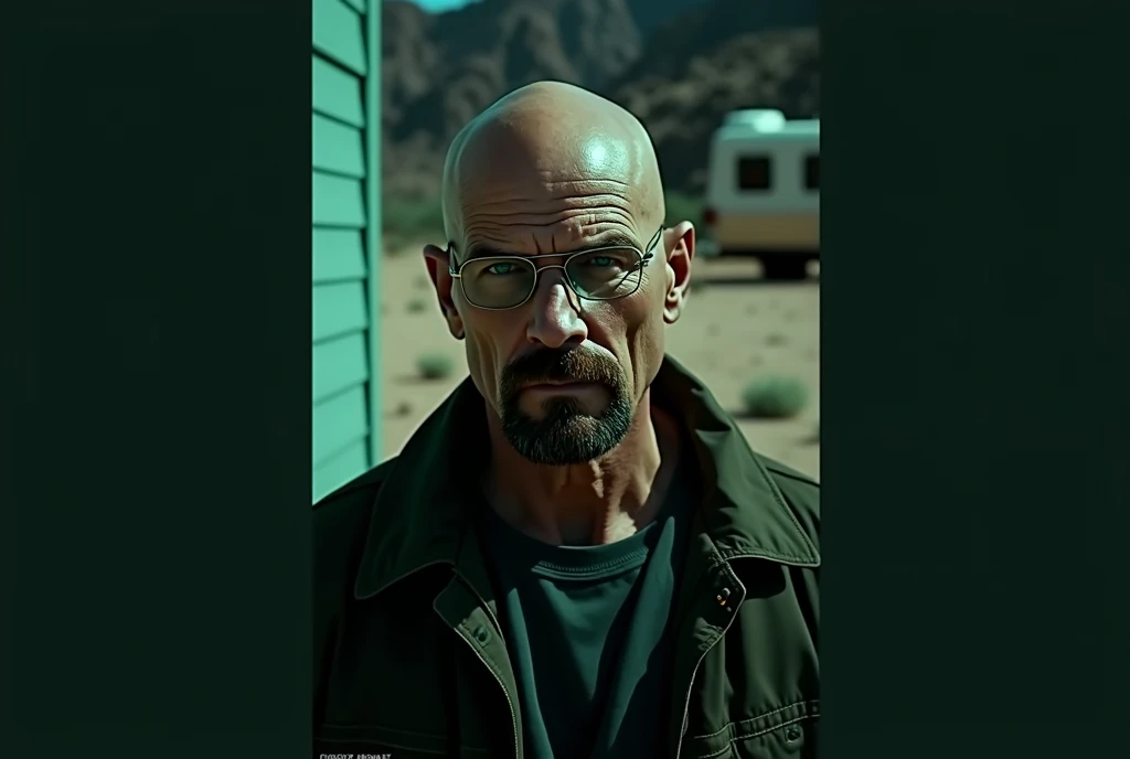 a man with bald head and goatee, walter white, in the desert, with camping RV on in background cinematic lighting, dramatic shadows, arid landscape, rocky terrain, blue tinted colors, gritty realism, masterpiece, highly detailed, 8k, photorealistic