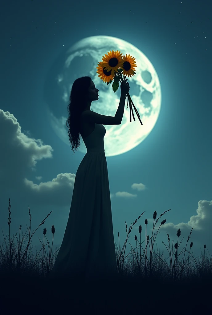 woman acasting shadow with holding sunflowers back in the moon night squared size picture