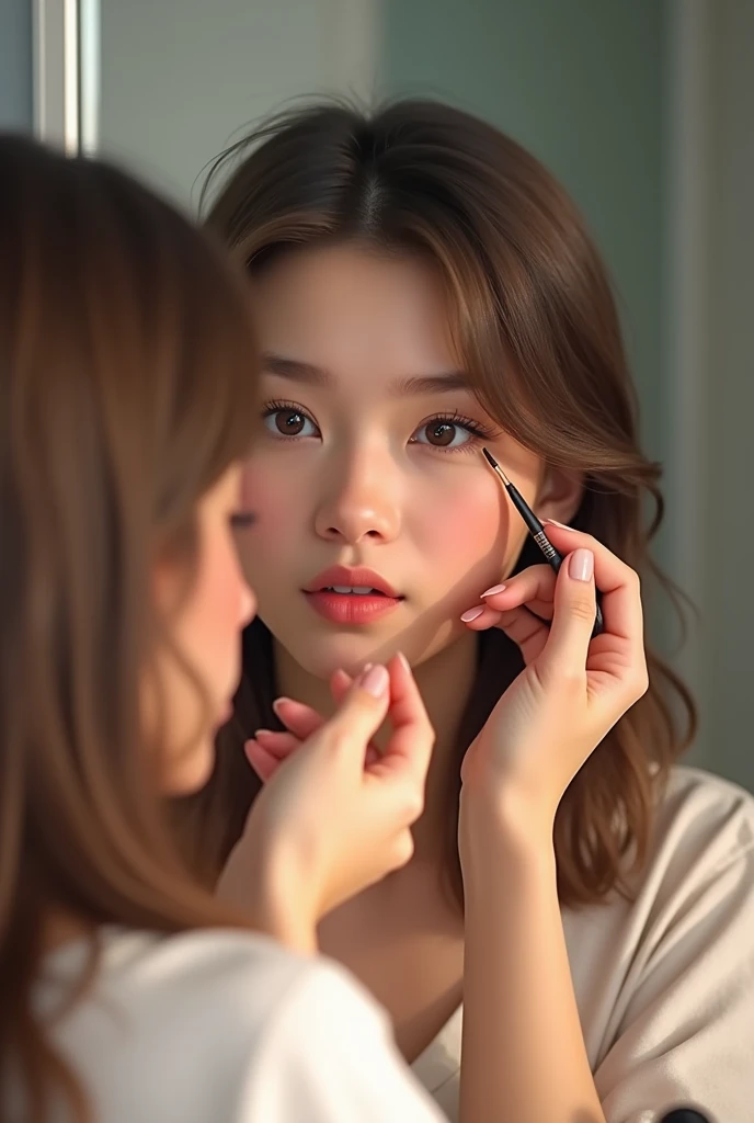 A teenage girl putting on realistic makeup