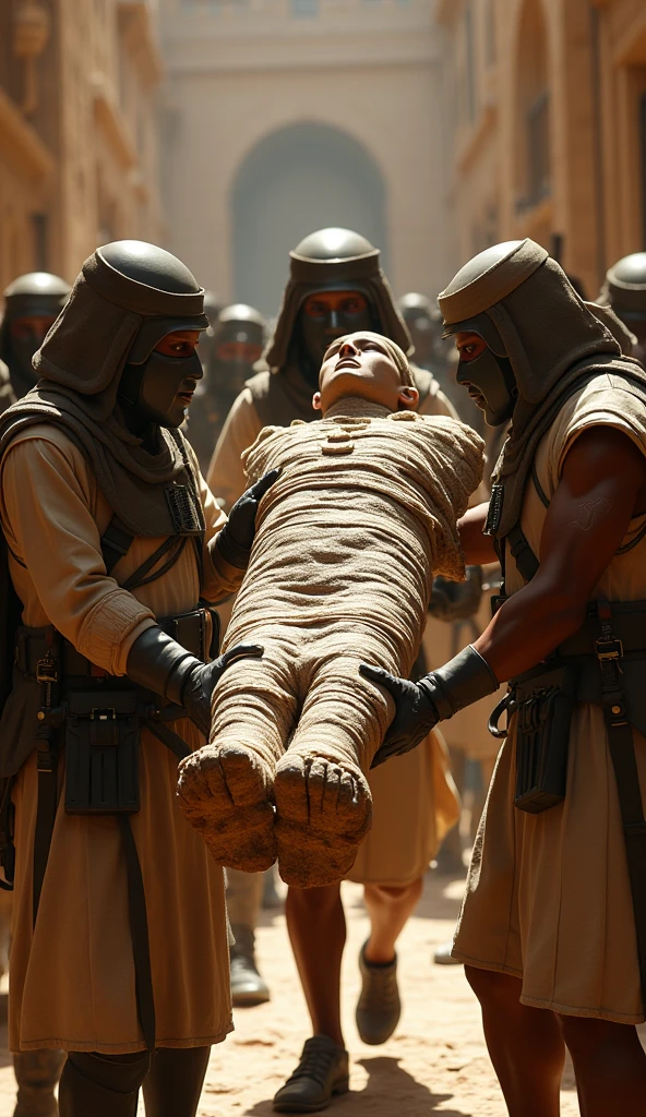 Soldiers from some Egyptian state are taking away a very old mummy  and took it and kept it in a laboratory room 