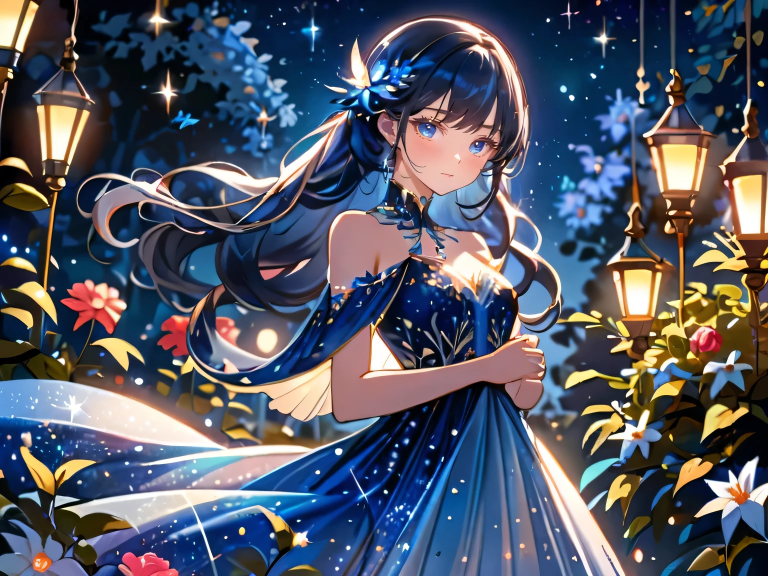 A girl standing alone under the night sky, Her figure shimmers in the soft moonlight and twinkling stars. Her face is beautifully detailed, Enchanting eyes that seem to reflect the universe itself, Long and fluttering eyelashes, And well-defined lips. She has long dark blue hair，Shine like the starry sky，Wearing an elegant dress, Flutterish, fluttery, Gracefully embraces her figure that shimmers with subtle celestial light. The intricate details of her dress reflected the faint starlight., Creates a mesmerizing glow. The surrounding landscape showcases a tranquil garden, The foliage is luxuriant，The flowers are brilliant and colorful. There&#39;s a breeze in the air, Rustling leaves，The flowers sway gently. The garden is bathed in warmth, Dream Palette, With dark blue hue, Purple, And a hint of silver. The atmosphere is calm and peaceful, Evokes a feeling of peace and tranquility. Artwork of the highest quality, Carefully crafted with extremely detailed brushstrokes and precise attention to every element. The texture and depth of this painting is breathtaking, Photorealistic and photo-realistic，Capturing the stunning beauty of the night sky. Soft and diffuse light, Casts a soft glow over the entire scene, Enhance the magical atmosphere. The girl&#39;s presence exudes a sense of mystery and wonder, As if she holds secrets related to the gods in heaven. The overall composition evokes a sense of timelessness，and captures the essence of StarSign, A work of art that captures the celestial beauty and inner strength of a girl connecting with the stars.