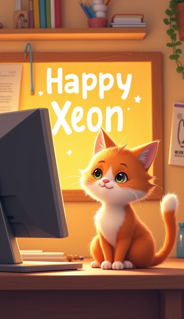 Create a cute cat in front of the computer. Orange theme. On the screen it says Happy Xeon.
