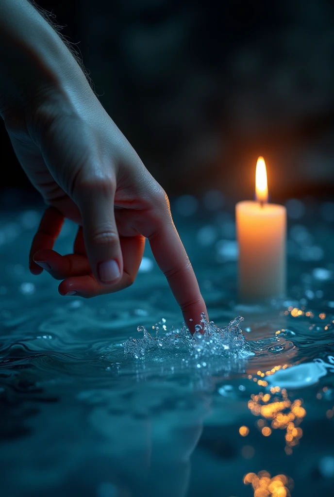 generate a close-up of a finger touching a mirror hanging looks like water with its churning, dark background, candle light. the image was taken from aside, fantasy, highly-detailed, ultra-sharp, realistic.