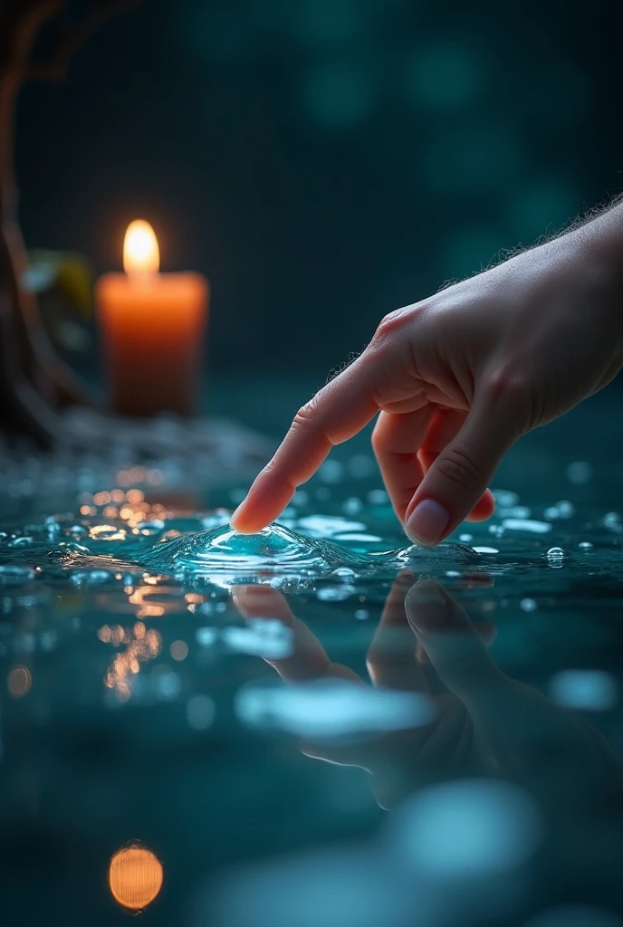 generate a close-up of a finger touching a mirror hanging looks like water with its churning, dark background, candle light. the image was taken from aside, fantasy, highly-detailed, ultra-sharp, realistic.