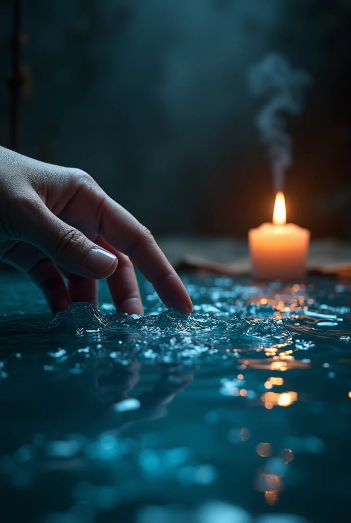 generate a close-up of a finger touching a mirror hanging looks like water with its churning, dark background, candle light. the image was taken from aside, fantasy, highly-detailed, ultra-sharp, realistic.