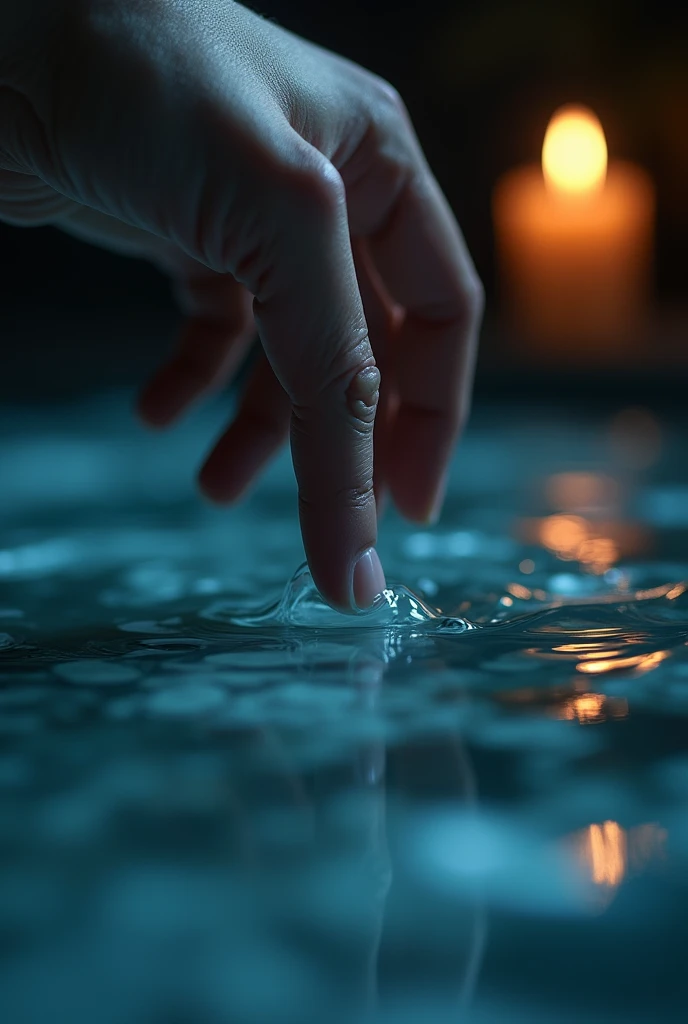 generate a close-up of a finger touching a mirror hanging looks like water with its churning, dark background, candle light. the image was taken from aside, fantasy, highly-detailed, ultra-sharp, realistic.