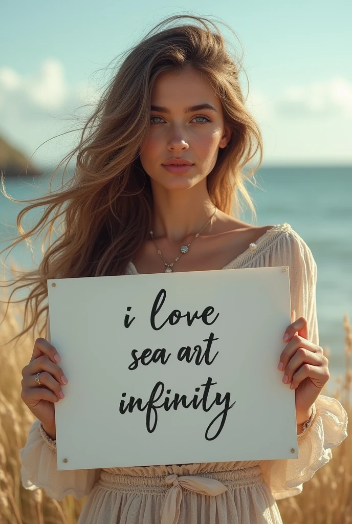 Beautiful girl with wavy long hair, bohemian dress, holding a white board with text "I Love Seaart Infinity" and showing it to the viewer
