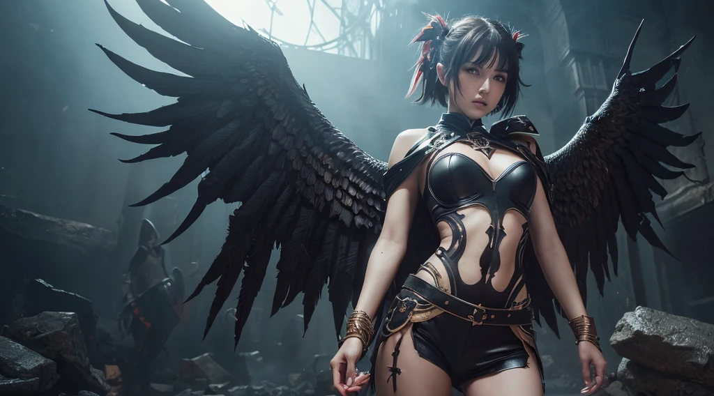 (((best quality, Masterpiece, High resolution, Textured skin, high quality, Precise CG unification, game CG, masterpiece))), (One person), Are standing, black  short hair, evil, fighting, magic circle, battle scene, fallen angel, black wings,