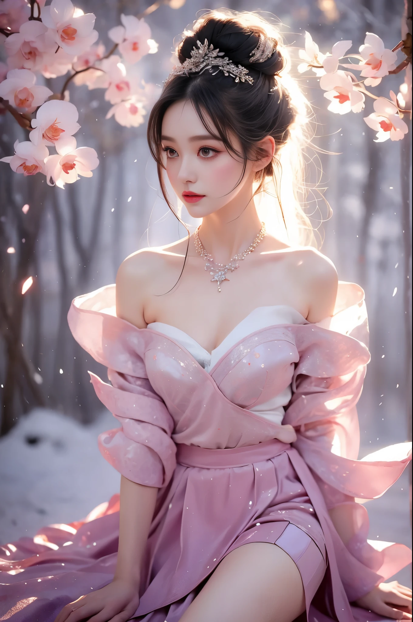 1girl,silver hair,off shoulder,red eyes,long hair,double bun,hair ornament,necklace,（quality improvement：1.4），1girl, Visible cleavage，Sexy long legs，The skirt is short，She gently lifted her skirt with one hand,Surrounded by white Phalaenopsis orchids，Lilac dendrobium、White Lily, Flying petals，（Top quality leather), Delicate face,Black Hair, Gradient hair, Body,（Body1.1）, He has a precious gem on his forehead., Shining Student，Long eyelashes,Smile, Surrealism, Movie Lighting, Projection Insertion, Surrealism, Ultra HD, masterpiece，lie，Keep dreaming，Open your legs slightly.，Tattoo，Fantasy Space，Luxurious space，Exquisite makeup，Blush，Shy expression