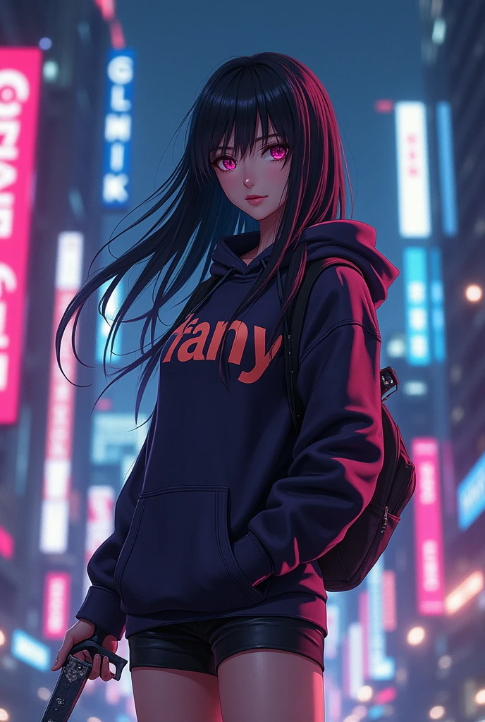 Create a character anime, {{background: capital text “GLBK”, night city}}, tanned skin,
realistic, HDR, beautiful, japan style, full body, use deagger, age 25, hoodie HD text: “FANY”, female, long hair