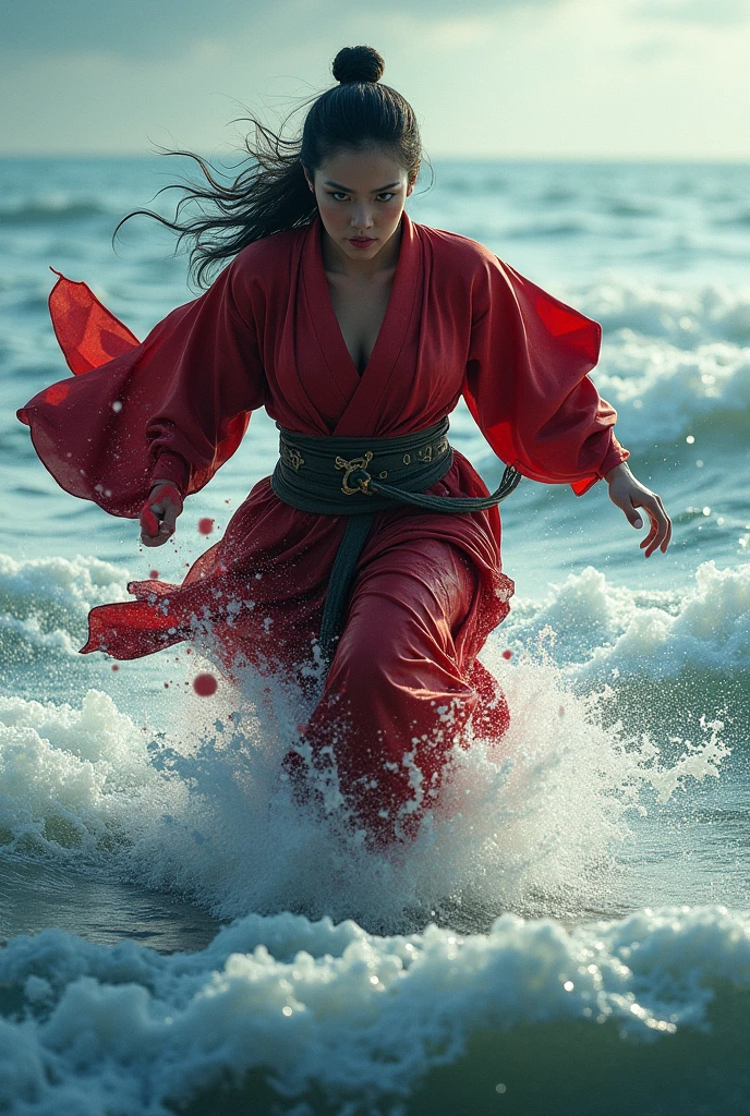 Beautiful warrior running through the sea　Kimono covered in blood