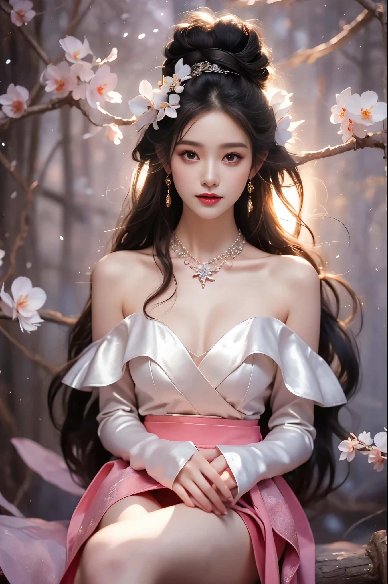 1girl,silver hair,off shoulder,red eyes,long hair,double bun,hair ornament,necklace,（quality improvement：1.4），1girl, Visible cleavage，Sexy long legs，The skirt is short，She gently lifted her skirt with one hand,Surrounded by white Phalaenopsis orchids，Lilac dendrobium、White Lily, Flying petals，（Top quality leather), Delicate face,Black Hair, Gradient hair, Body,（Body1.1）, He has a precious gem on his forehead., Shining Student，Long eyelashes,Smile, Surrealism, Movie Lighting, Projection Insertion, Surrealism, Ultra HD, masterpiece，lie，Keep dreaming，Open your legs slightly.，Tattoo，Fantasy Space，Luxurious space，Exquisite makeup，Blush，Shy expression