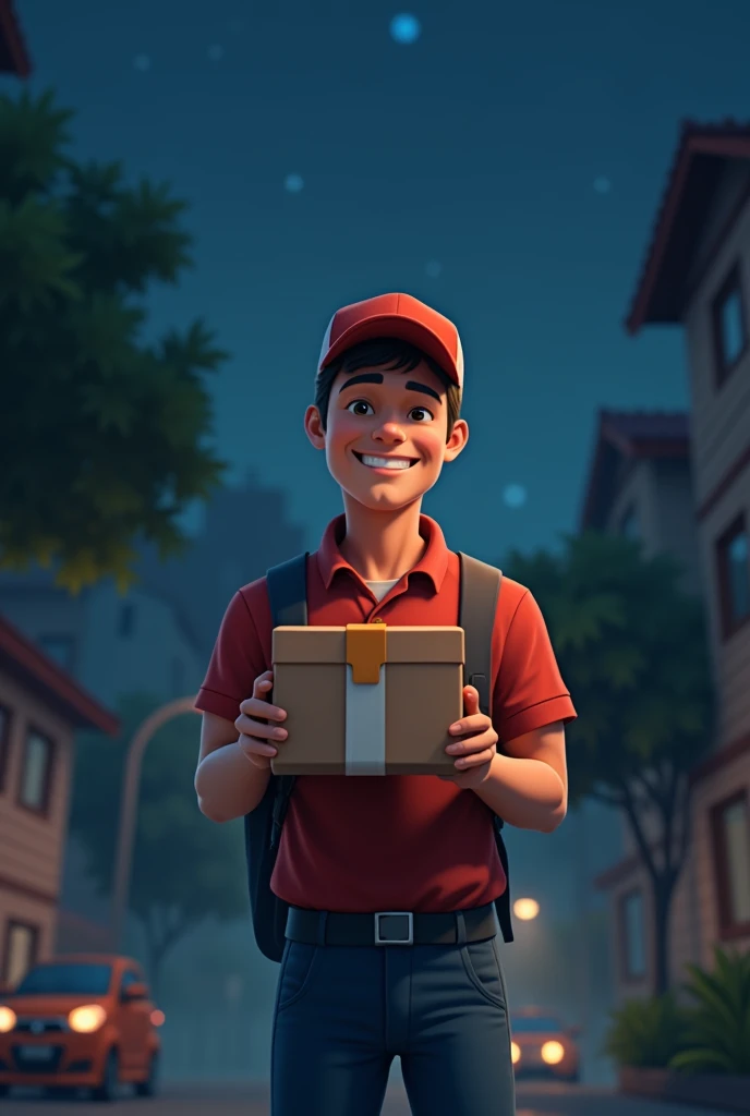Delivery boy stand with cap night smile