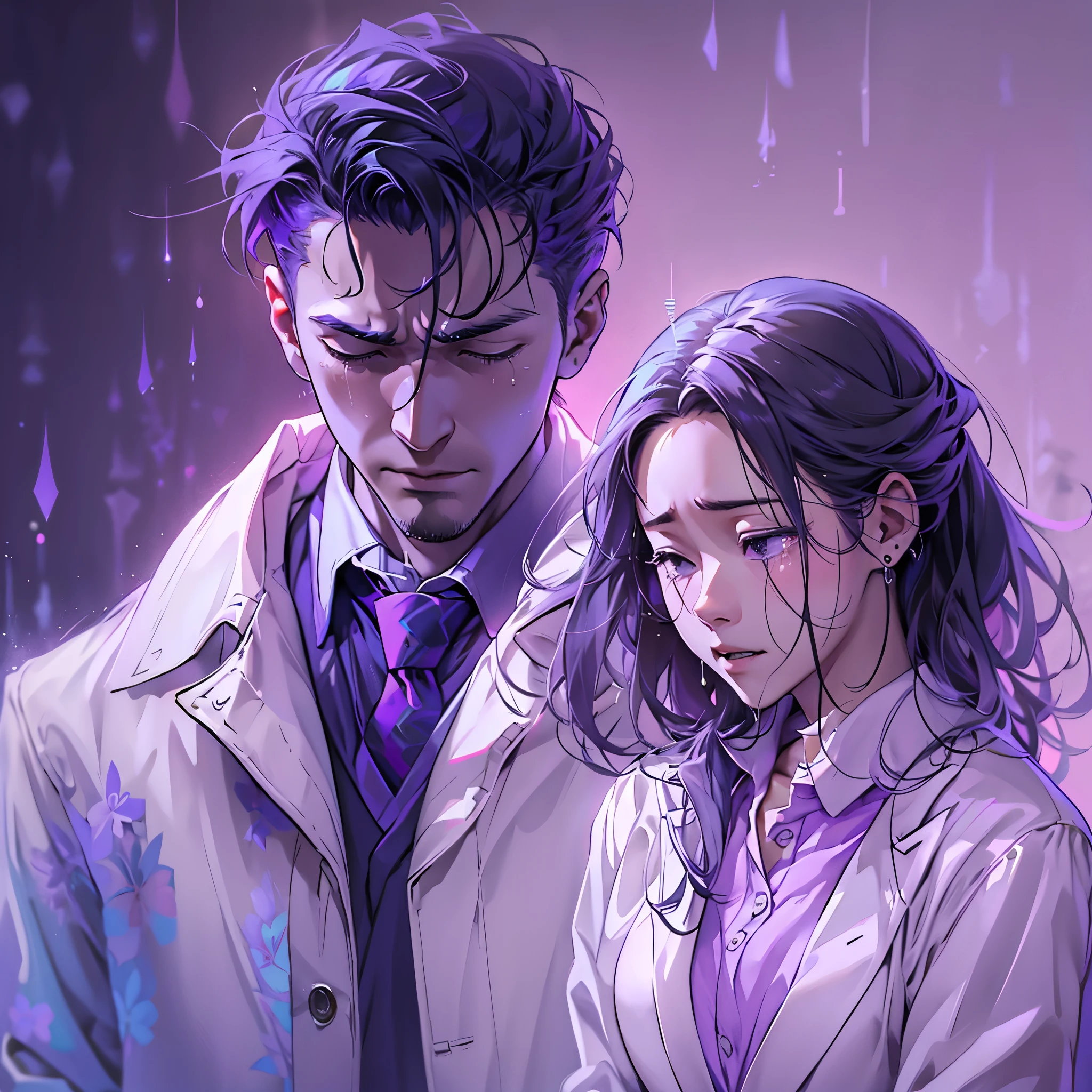 Imagine a MBTI logician、Man and woman in white coat and purple shirt feeling sad and crying。Create a mysterious atmosphere。