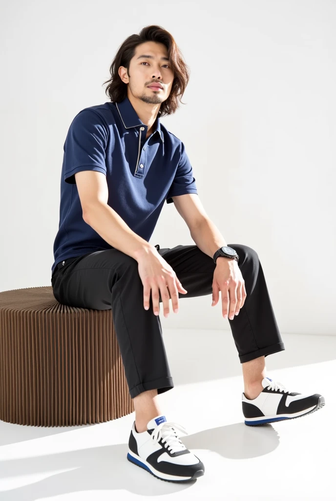 1man, Sitting on the chair, short hair, flat and wrinkle free, Chinese, Blue polo shirt, looking at the camera, posing in the style of fashion magazines, UHD, super detail, textured skin, masterpiece, highres, high quality, best quality