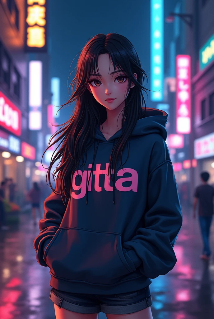 Create a character anime, {{background: capital text “GLBK”, night city}}, tanned skin,
realistic, HDR, beautiful, japan style, full body, use tesseract, age 25, hoodie HD text: “GITTA”, female, long hair