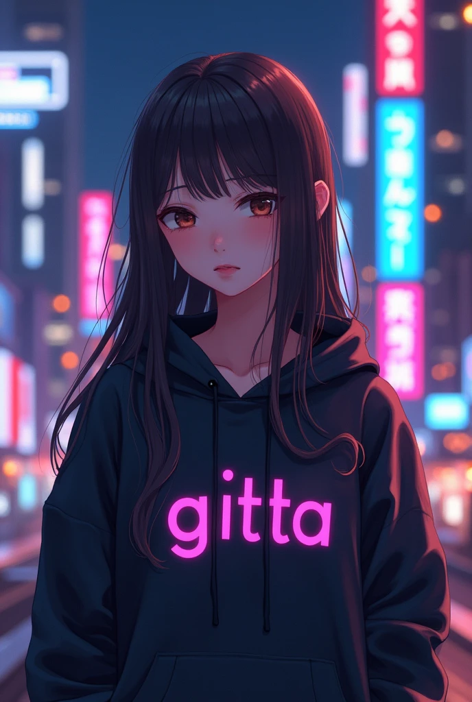 Create a character anime, {{background: capital text “GLBK”, night city}}, tanned skin,
realistic, HDR, beautiful, japan style, full body, use tesseract, age 25, hoodie HD text: “GITTA”, female, long hair