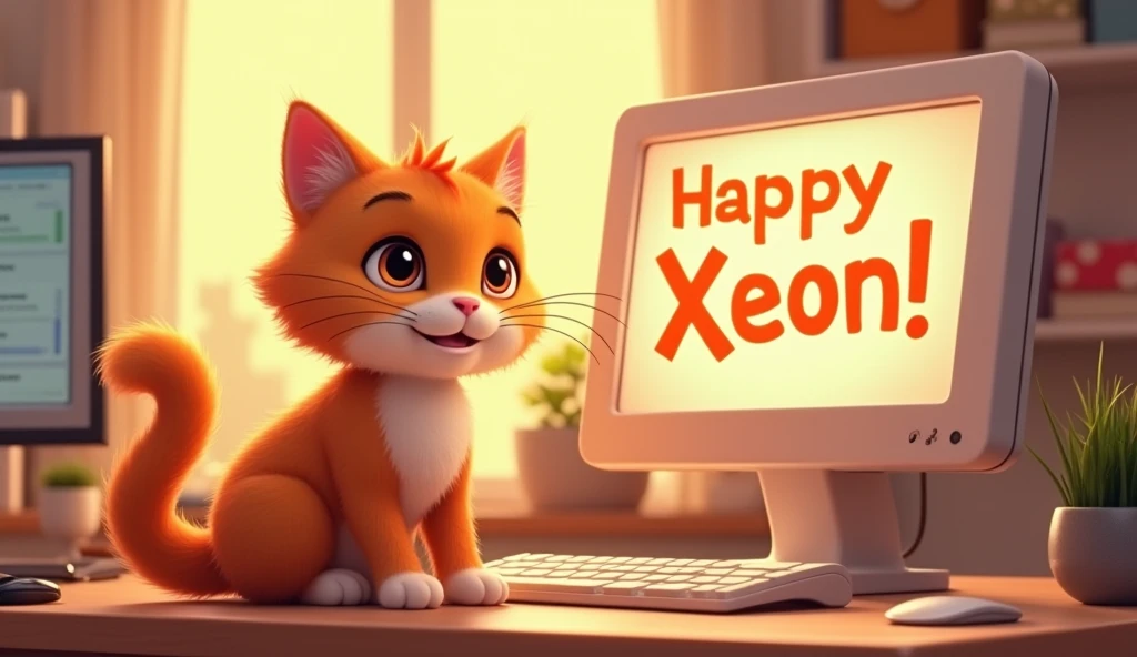Create a cute cat in front of the computer. Orange theme. On the screen it says Happy Xeon.