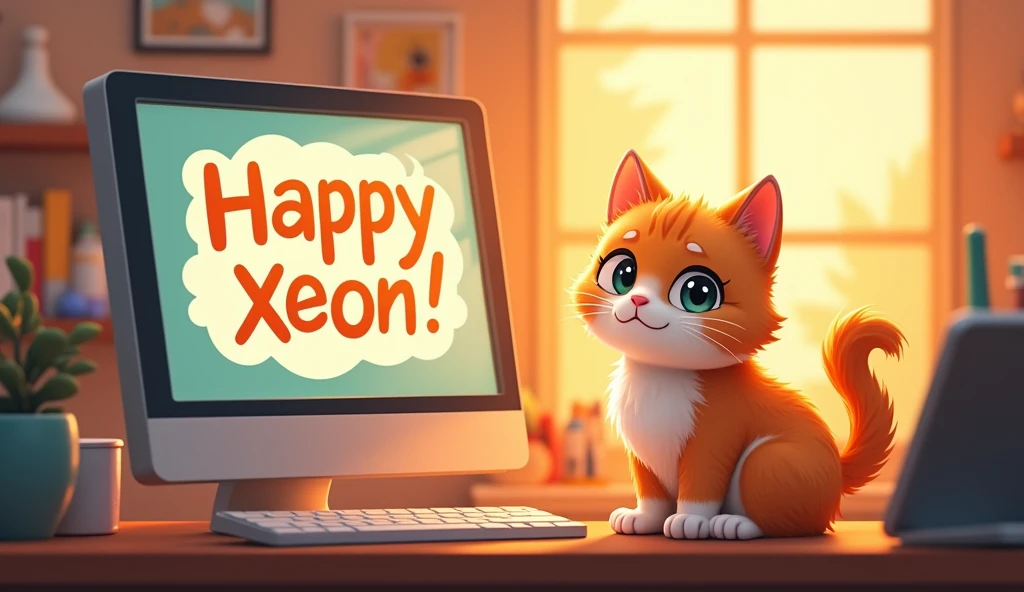 Create a cute cat in front of the computer. Orange theme. On the screen it says Happy Xeon.