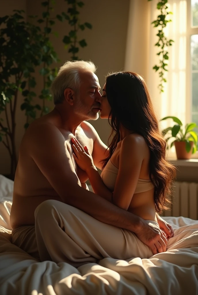 A dressless old man smooching desi woman in nude, sitting on bed, showing her breasts, pajama pants, long hair, indoors, soft lighting, plants in background, window with sunlight, cozy room, moody pose, realistic, intricate details, warm colors.