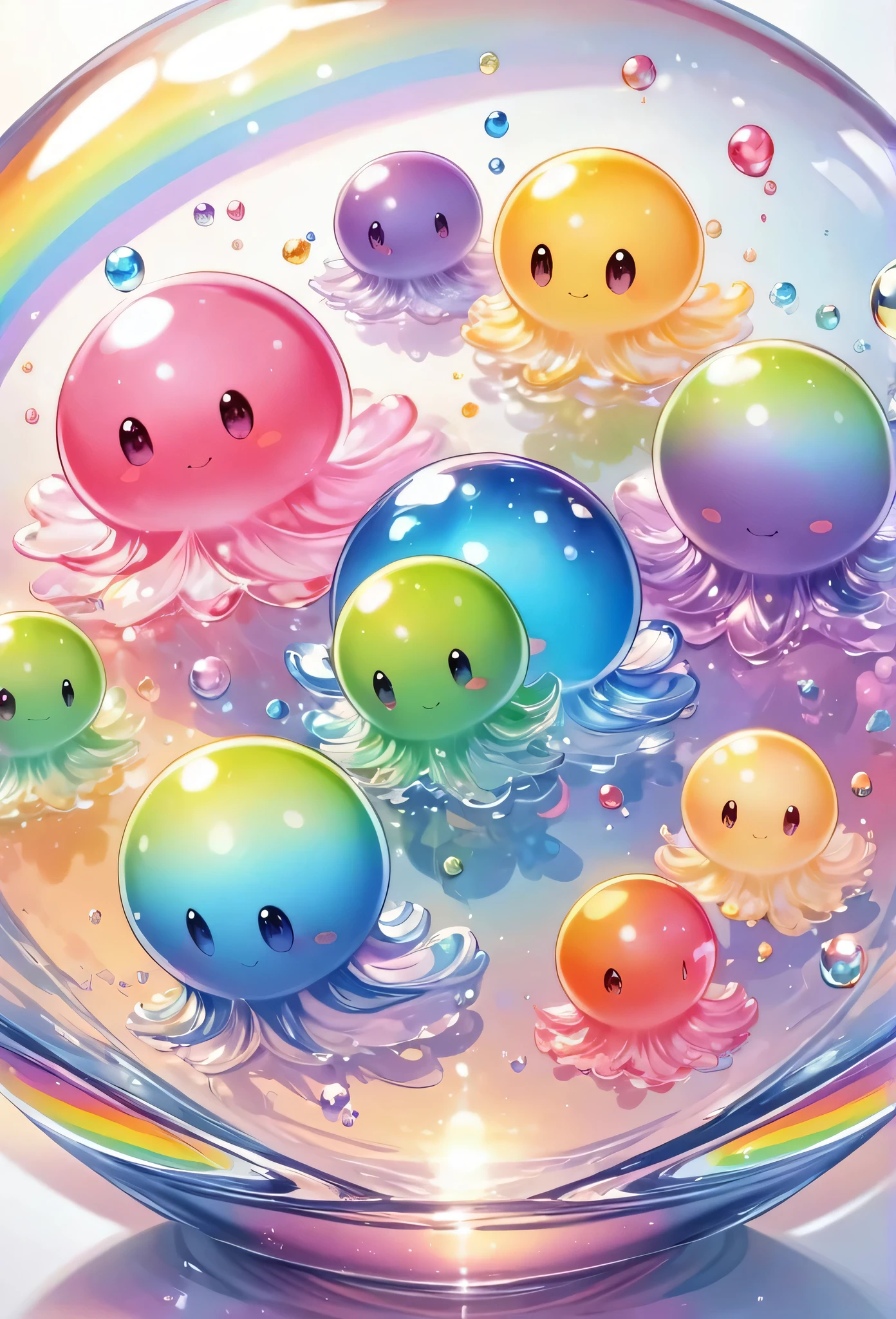 Cute aliens, All in one, Tiny nuclei that shine in fantastical rainbow colors,and a completely melted jelly fusion, Very transparent material, High viscosity, Elasticity due to surface tension, Holographic sparkling reflections, Create an engaging impression on your audience