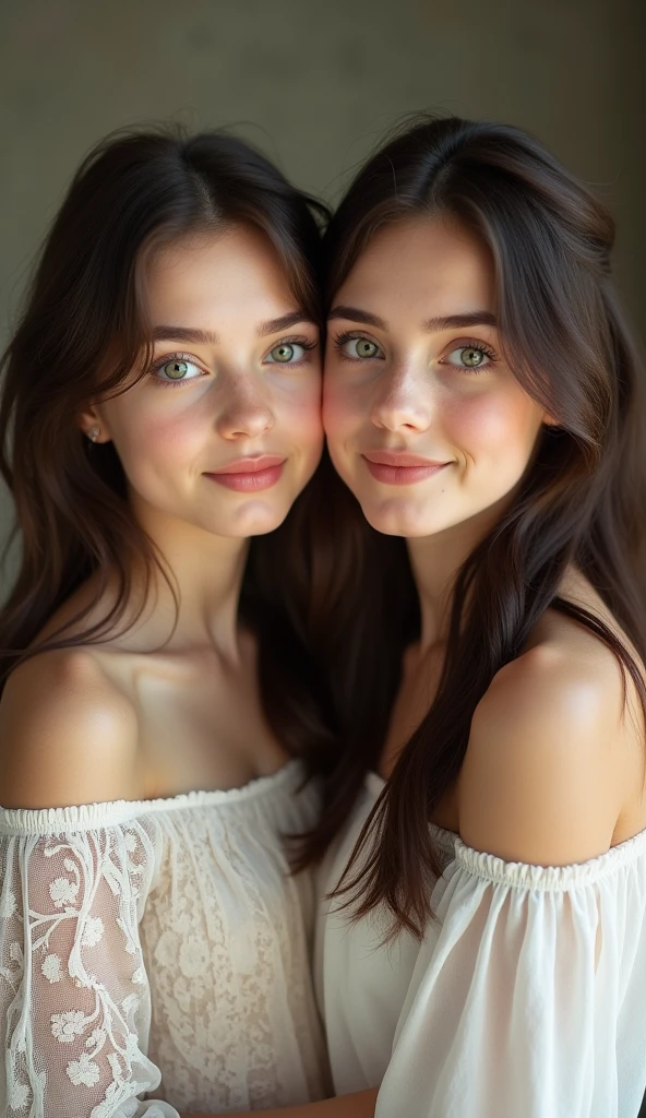 2 russian girl, ((full body picture)):2,beautiful light green colored eyes, (The physique is a pear):1.3, (slightly chubby face):1.3, (round face form):1.3, soft lighting, dreamlike ambiance, adorable smile, sparkling eyes, rosy cheeks, tiny bust, look into camera, (162 cm height, weight 60 kg, dark chestnut hair, elongated square haircut, chest 84 cm,  waist 66 cm, hips 95 cm, ribcage 76 cm, aa bra size):2