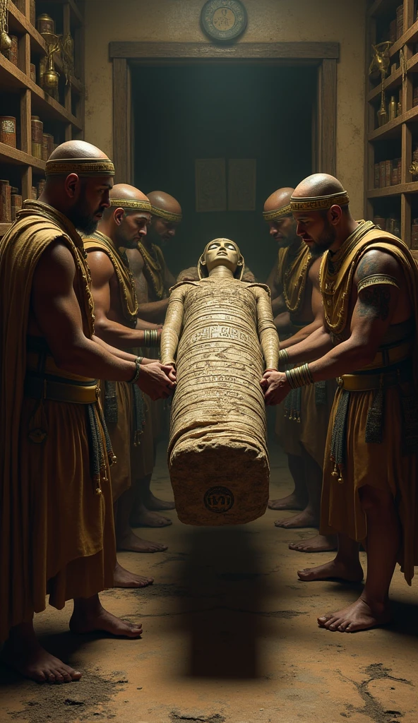 Soldiers from some Egyptian state are taking away a very old mummy and took it and kept it in a old laboratory room