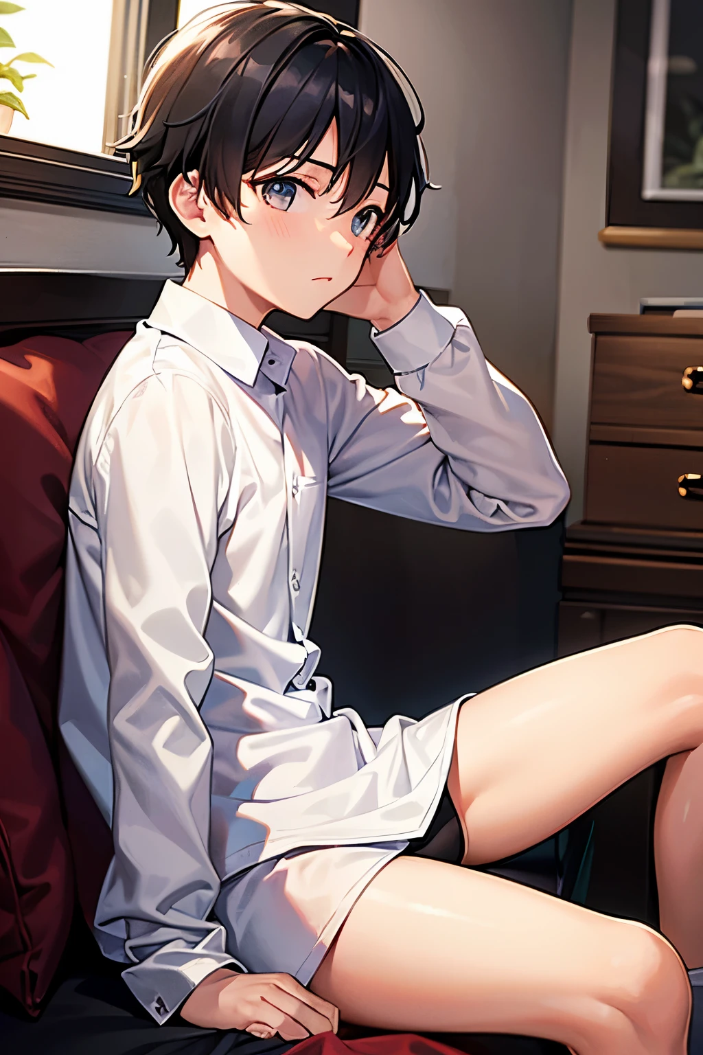 a boy sitting in a bedroom, wearing a white long sleeve shirt and black underwear, viewed from the side,