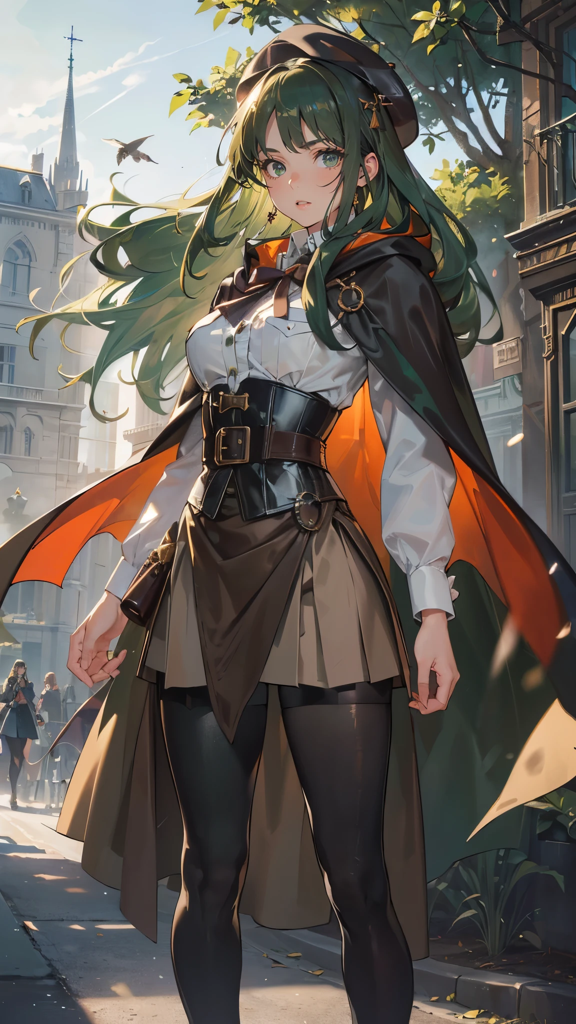 masterpiece, Super detailed, 8K portrait, RAW photo, portrait photography, highly detailed face, beautiful and detailed eyes, ((fantasy)), young and beautiful, 22 years ago, dynamic pose, (((long straight deep green hair))), ((One side is woven with orange ribbon)), dull bangs, beret, white skin color, luxury, hooded (((Dark brown))) (((Silk Long Cloak))) fluttering in the wind, (((dress shirt))), (((silk maxi skirt))), leather corset, (((dark thigh high tights))), High Cut Leather Boots, (((Lift a long magic wand))), ((wear a pocket watch)), midday sun, surreal, body model, small breasts, beautiful breasts, long legs, city, environmental lighting, shadow details , focus the camera on the face, strong wind, light fog
