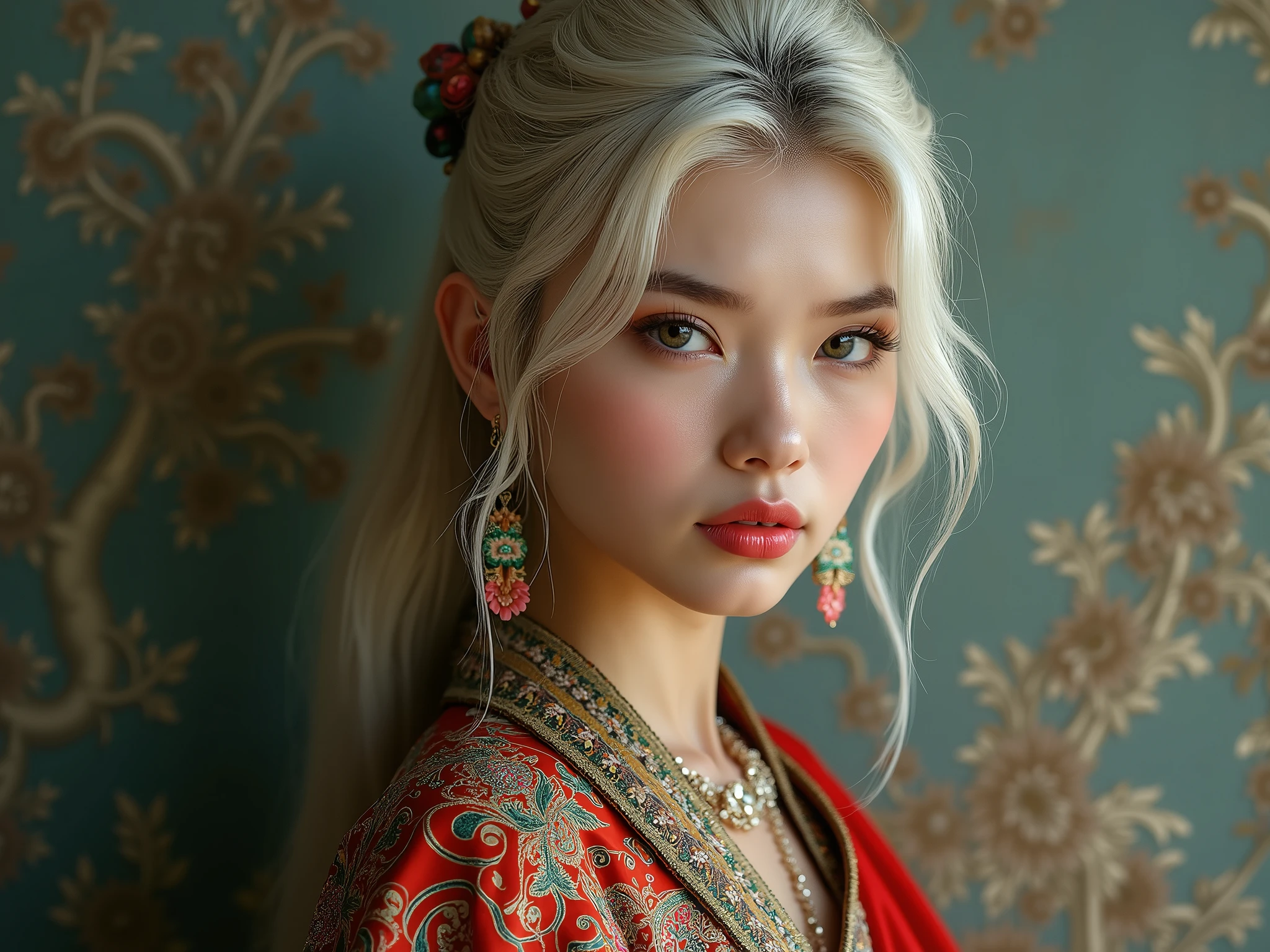 A sexy white blonde girl with Burmese traditional dress