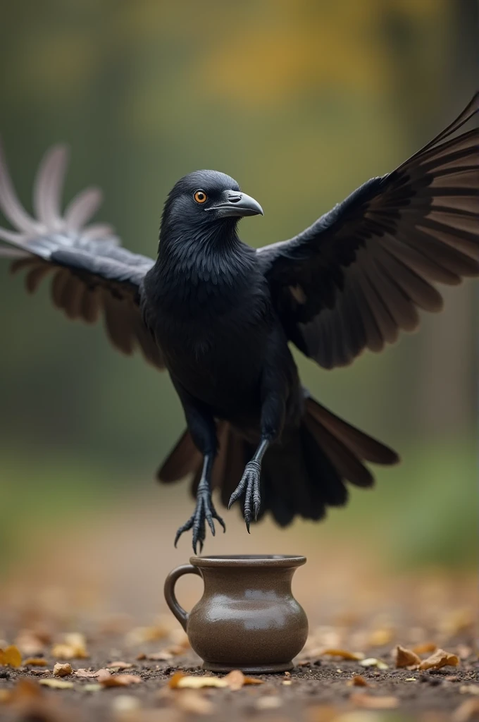 The crow flies away from the pitcher, looking happy and satisfied, having used its intelligence to solve the problem.