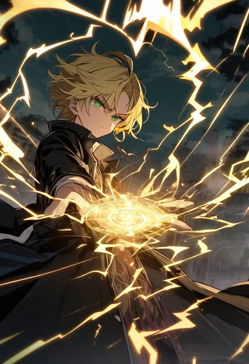 (nonsense, high resolution ), 16:00, (panoramic), 1, 1 man, Serious, Dark green eyes, Open hand, Short right swept dandy Blonde Hair, Blonde Hair, Black coat, , Extreme details, lightning, magic, magic Array, Exaggerated lighting, shine, magic, floating, twilight, Handsome
