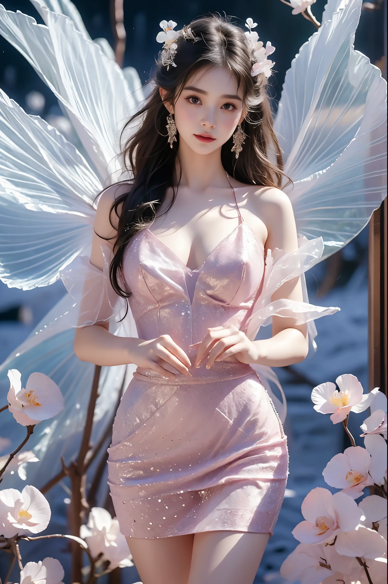 dress,wings,fairy,（quality improvement：1.4），1girl, Visible cleavage，Sexy long legs，The skirt is short，She gently lifted her skirt with one hand,Surrounded by white Phalaenopsis orchids，Lilac dendrobium、White Lily, Flying petals，（Top quality leather), Delicate face,Black Hair, Gradient hair, Body,（Body1.1）, He has a precious gem on his forehead., Shining Student，Long eyelashes,Smile, Surrealism, Movie Lighting, Projection Insertion, Surrealism, Ultra HD, masterpiece，lie，Keep dreaming，Open your legs slightly.，Tattoo，Fantasy Space，Luxurious space，Exquisite makeup，Blush，Shy expression