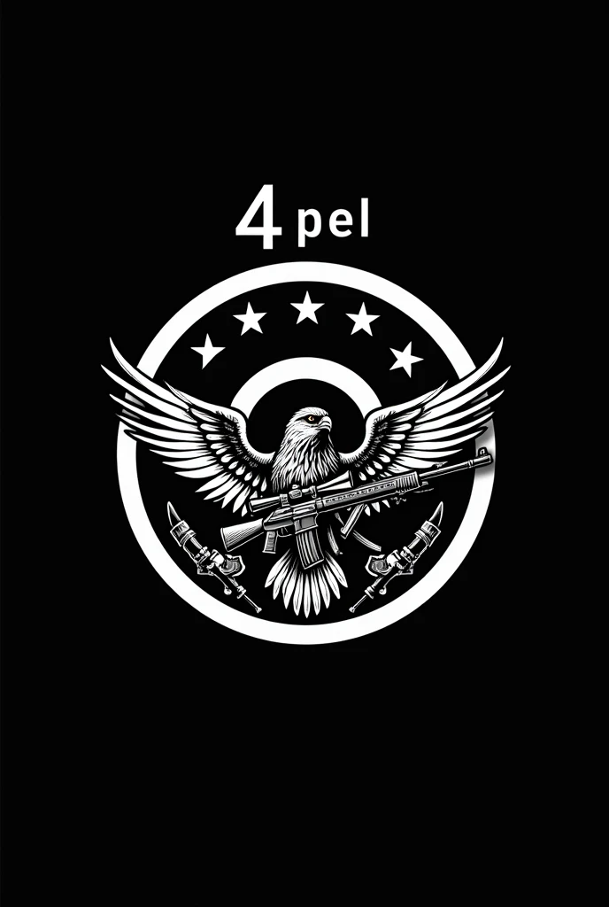 logo in a 2D circular format in black and white and on a black background with the name 4 PEL on top and the name FALCAO on the bottom, with the image of a falcon holding a rifle and weapons next to it in the center of the circle and in the background the flag of the state of Paraíba